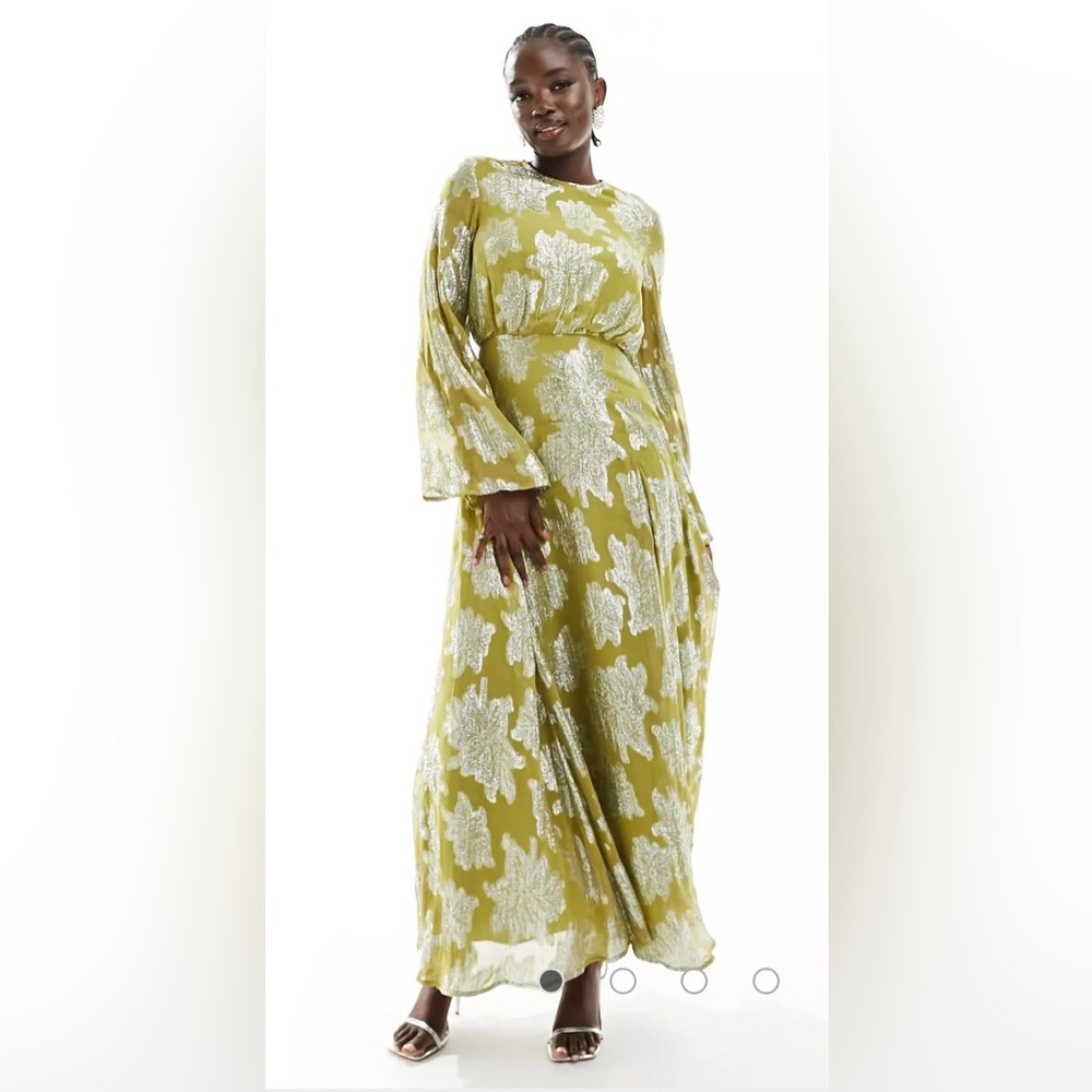 Metallic long sleeve midi dress with frill cuffs in chartreuse